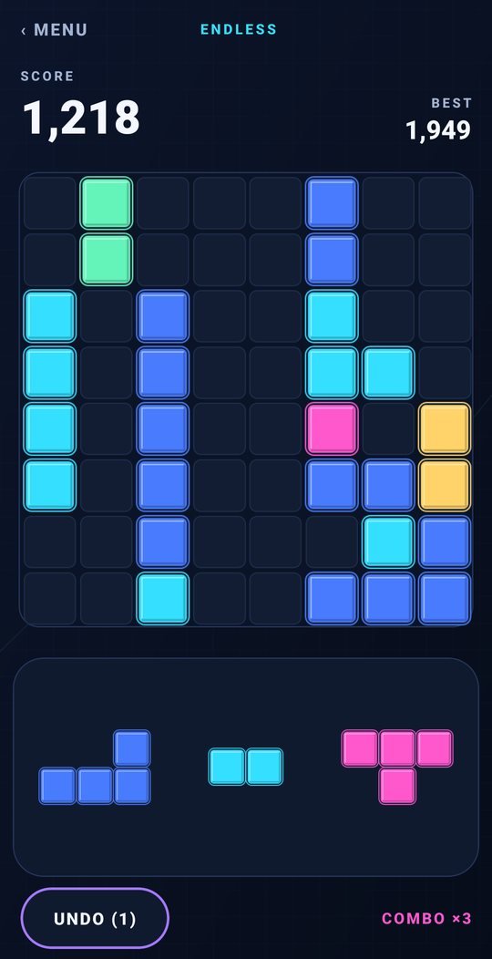 Block Riot game board mid-game: score 1,218 with a combo times three