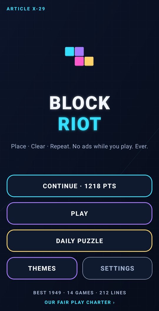 Block Riot home screen with the neon Block Riot wordmark, Continue, Play and Daily Puzzle