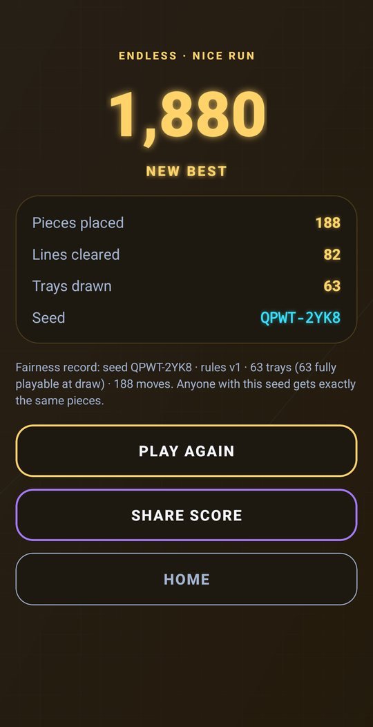 Results screen in the Gold Circuit theme: 1,880 points, new best, 82 lines cleared, with the game&rsquo;s seed and fairness record