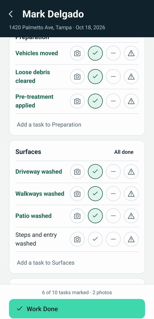 Driveway and walkways checklist with tasks checked off as the job goes