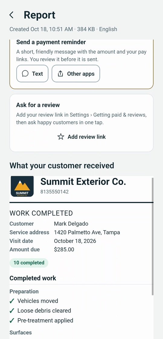 The report the customer receives: business logo, customer, service address, visit date and amount due