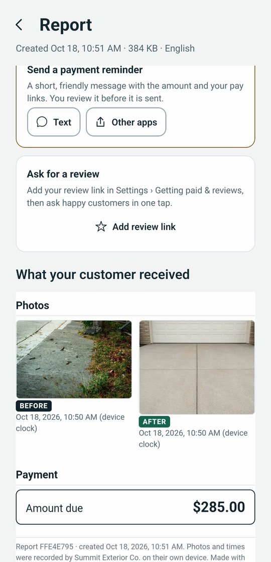 Before and after photos of a pressure-washed driveway on the report, with the amount due of $285.00