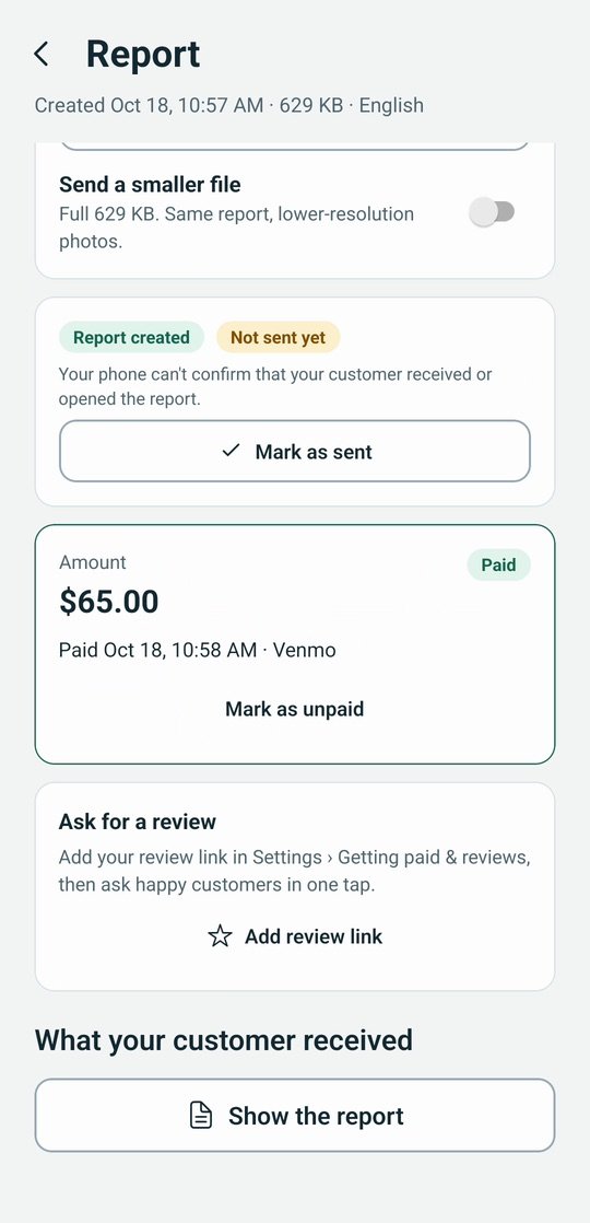 A lawn care visit marked paid: $65.00, paid by Venmo