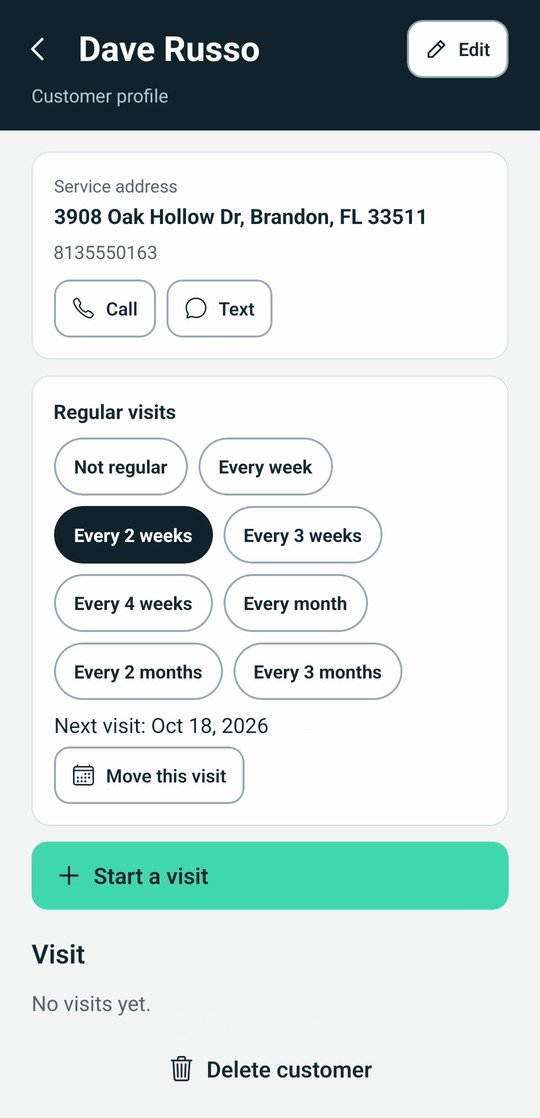 Customer profile with regular visits every 2 weeks and the next visit date