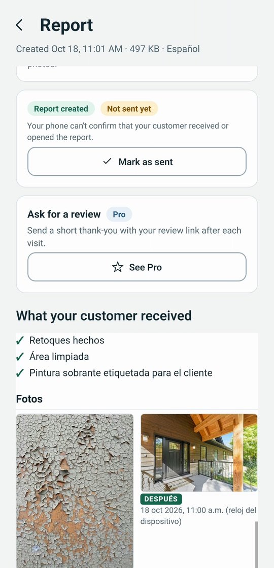 An exterior painting report in Spanish with before and after photos