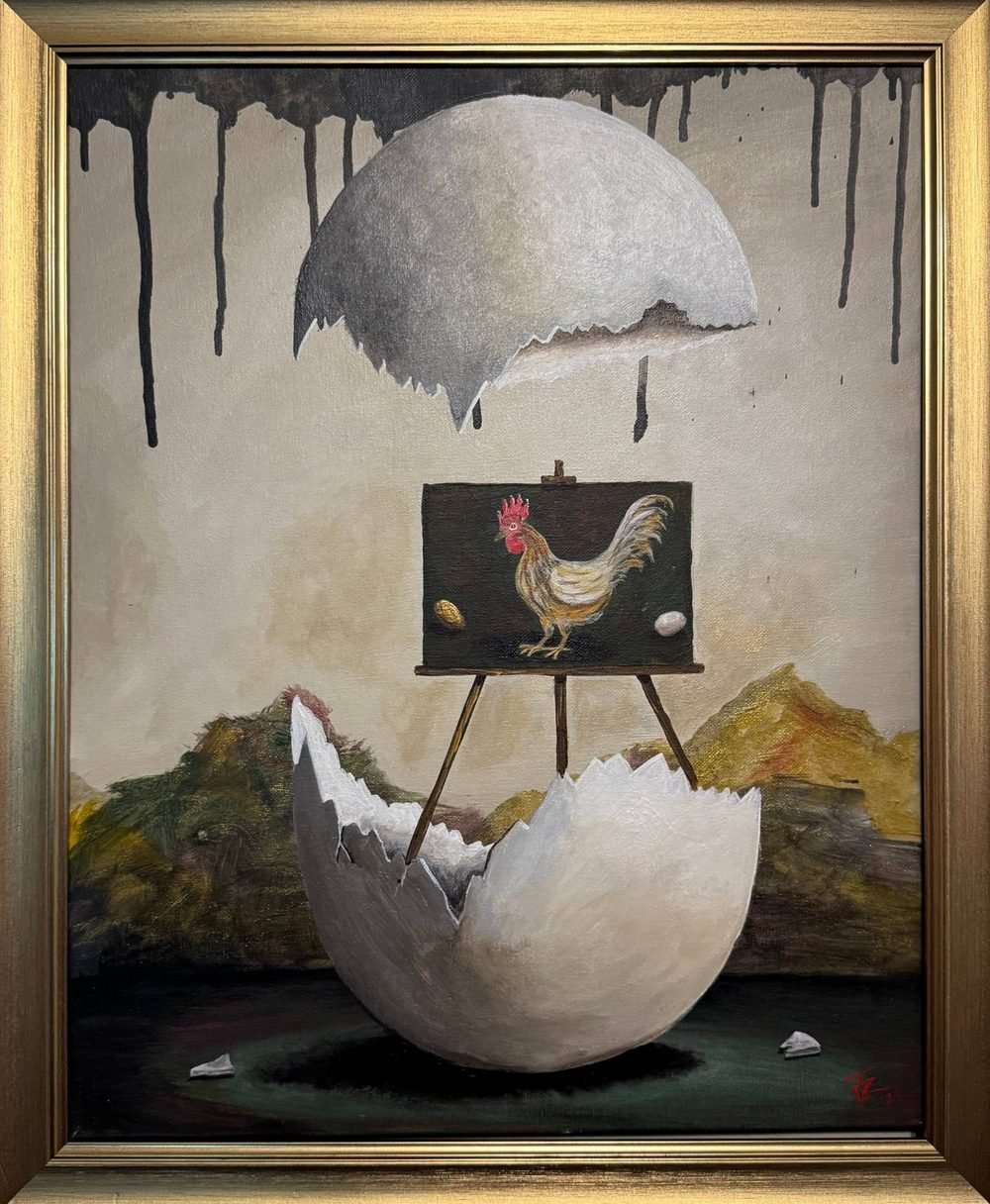 Surreal painting of a cracked eggshell with an easel inside it holding a painting of a rooster, the top of the shell floating above