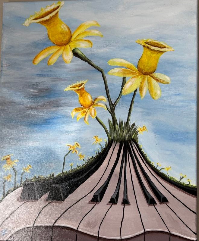 Yellow daffodils growing out of a piano whose keys curve down like a hill, under a gray-blue sky
