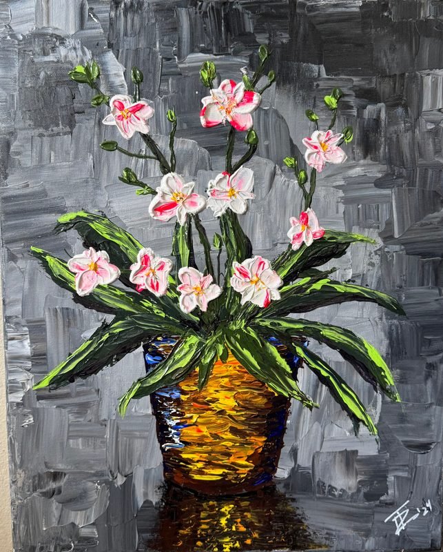 Pink and white orchid sprays in a gold pot, painted with heavy palette-knife texture on gray