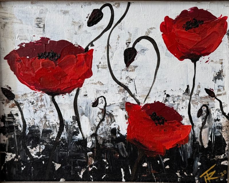 Red poppies on tall dark stems against a white and black textured background