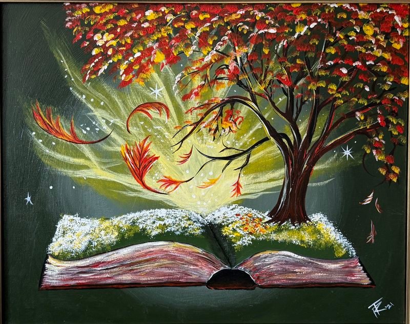 A glowing autumn tree growing out of an open book, with leaves swirling in the light