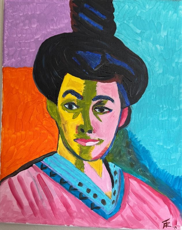 Portrait of a woman with a tall black updo and a green-shadowed face, in pink, against orange, lilac and turquoise