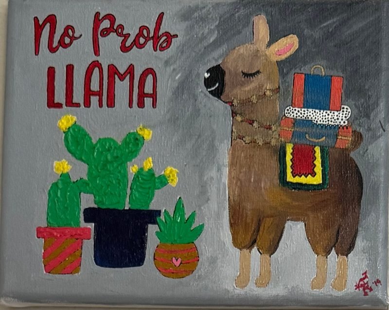 No Prob Llama lettering beside a llama with a striped blanket and three potted cacti