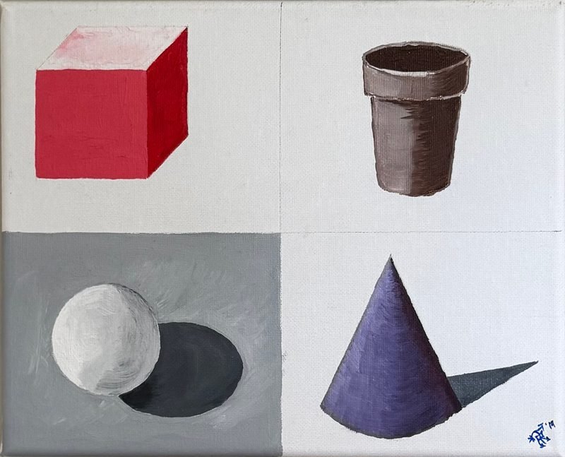 Shading study of a red cube, a clay pot, a sphere and a cone on gray and white