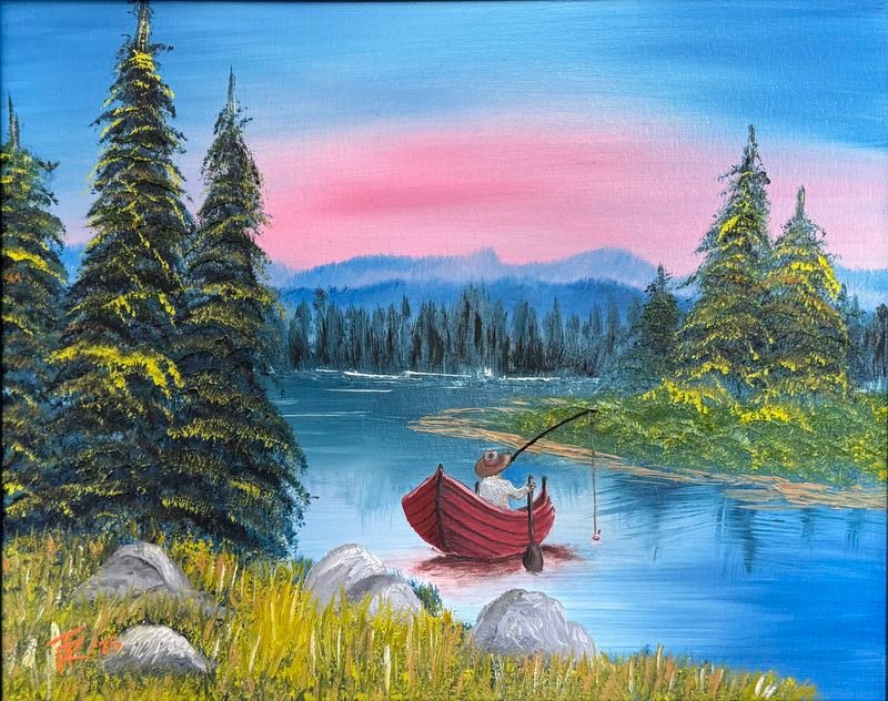 Fisherman in a red rowboat on a mountain lake framed by pines, under a pink sky