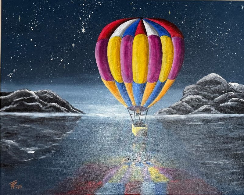 Striped hot air balloon floating over still water at night, between snowy rocks and stars