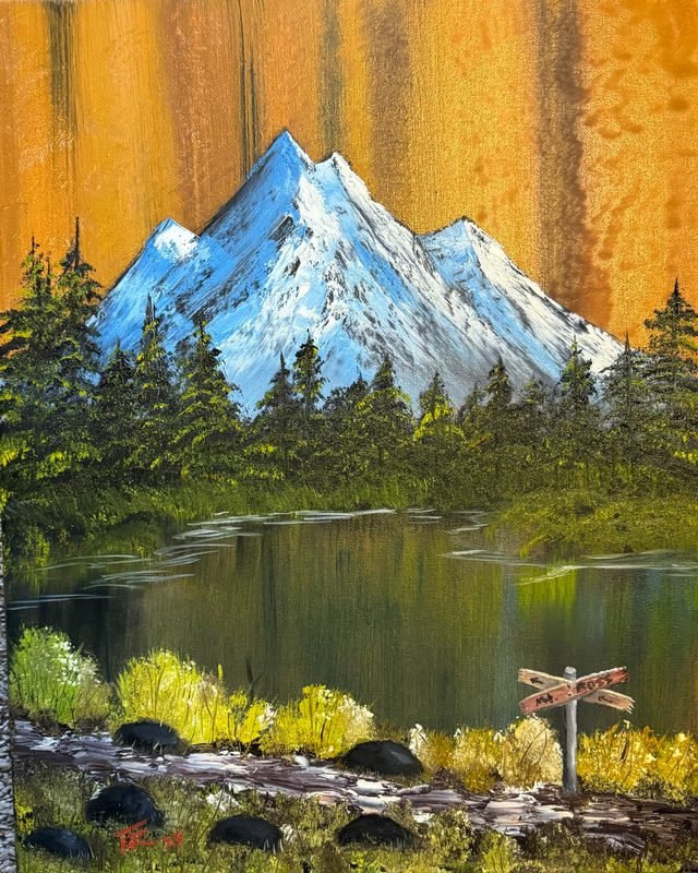 Snow-capped mountain above pines and a still lake against a gold background, with a wooden signpost