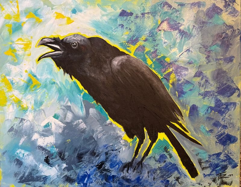 Black crow calling out against blue, white and yellow brushstrokes