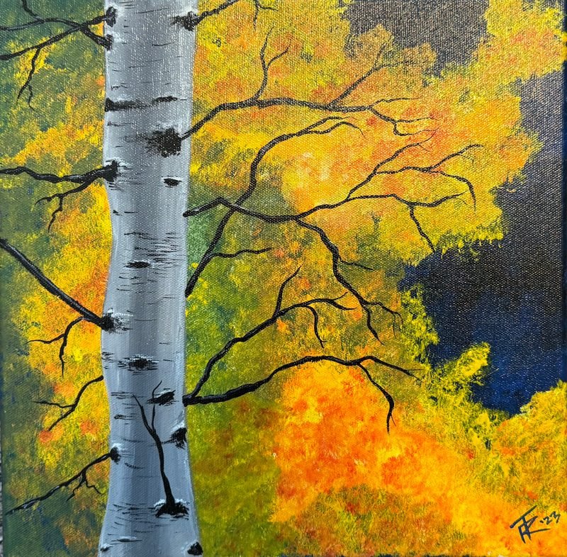 White birch trunk with dark branches in front of golden-orange autumn leaves and a navy sky