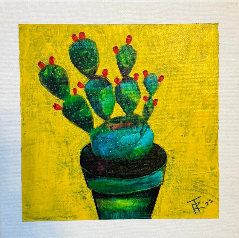 Prickly pear cactus with red fruit in a dark green pot, on a yellow square