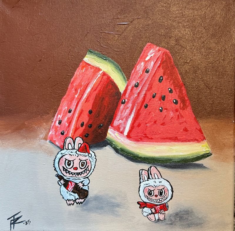 Two watermelon wedges with two small white bunny-eared figures in front of them