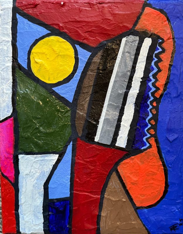 Abstract of bold red, blue, yellow and white shapes outlined in black