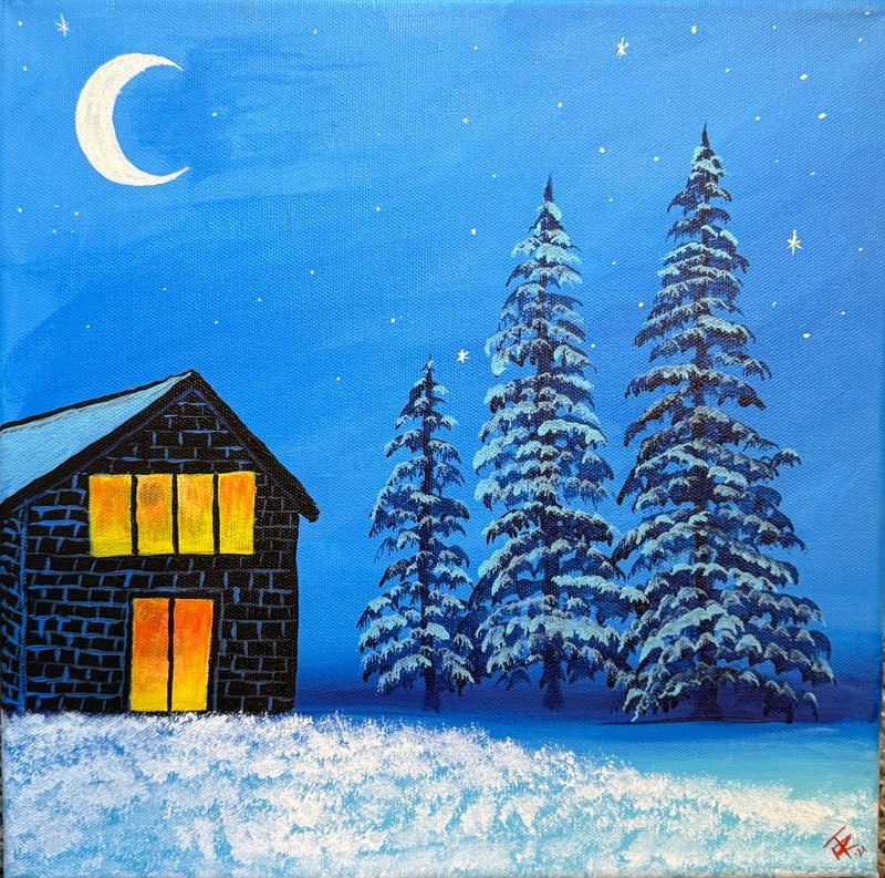 Dark cabin with glowing yellow windows beside snowy pines under a crescent moon