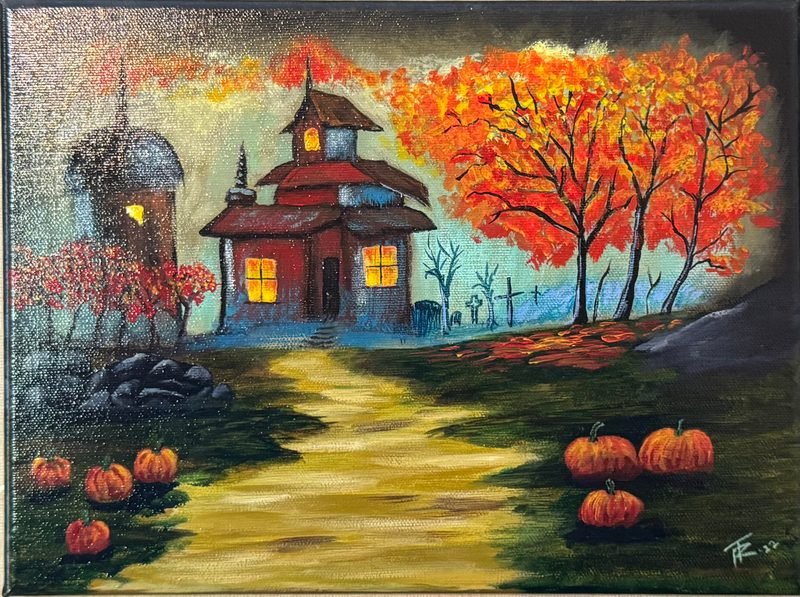 Red house with lit windows at the end of a yellow path, with orange trees and pumpkins