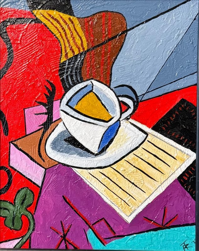 Cubist still life of a white cup and saucer on a striped page, in red, purple and blue