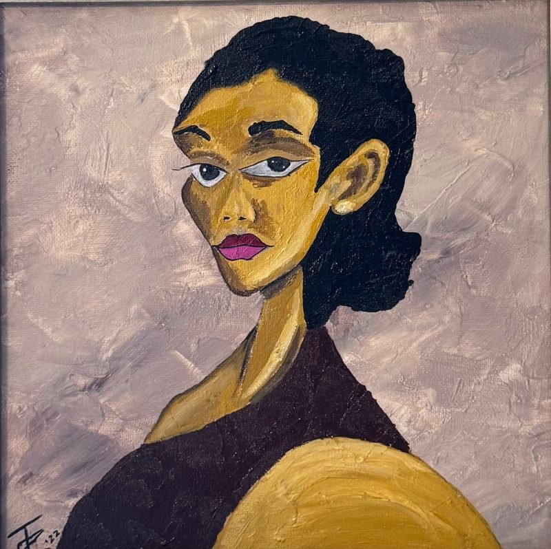 Portrait of a woman with dark hair and a long neck glancing sideways, on a mauve background