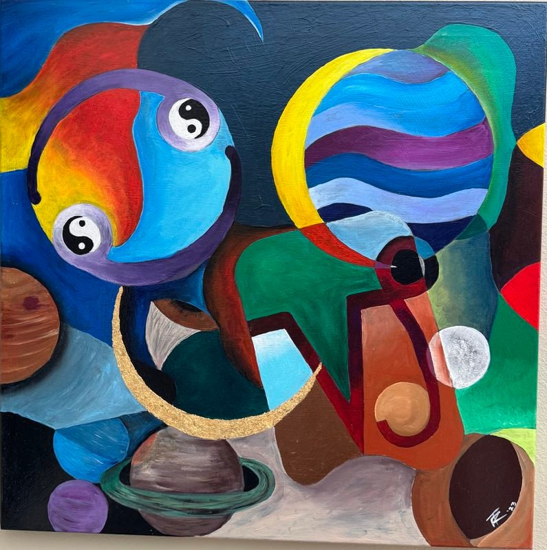 Abstract of planets, crescents and yin-yang circles in bold color