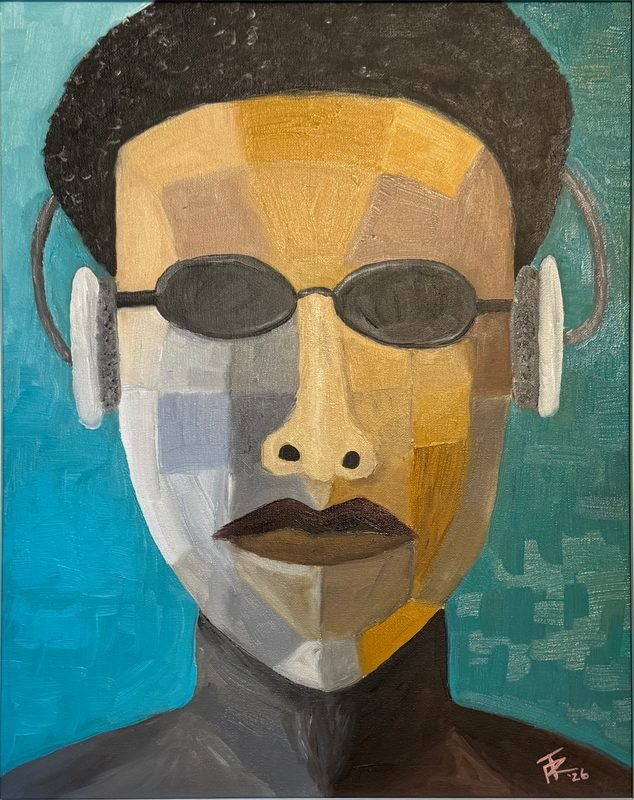 Cubist portrait of a man with an afro, round dark sunglasses and headphones, in tan and gray planes against teal