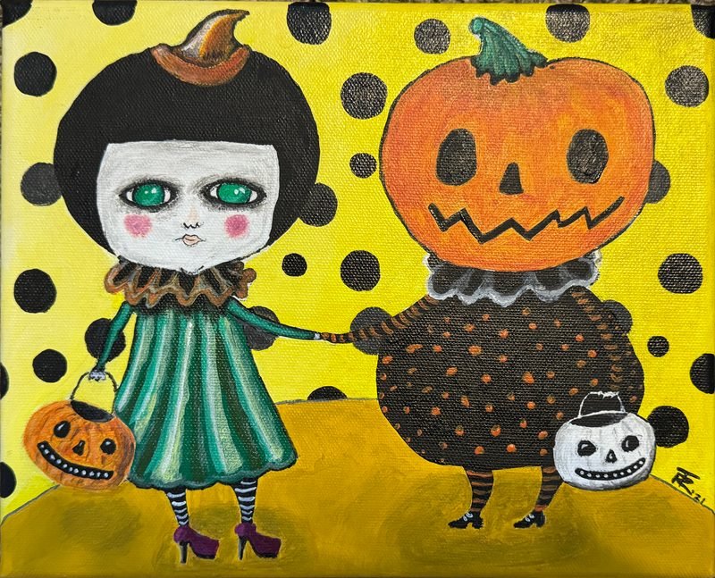 Two trick-or-treaters holding hands, a girl in a witch hat and a child with a jack-o'-lantern head, on yellow with black polka dots