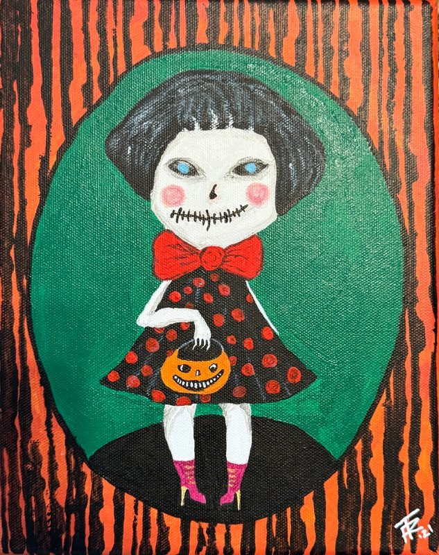 Pale girl with a stitched smile and a red bow holding a small jack-o'-lantern, in a green oval on orange and black stripes