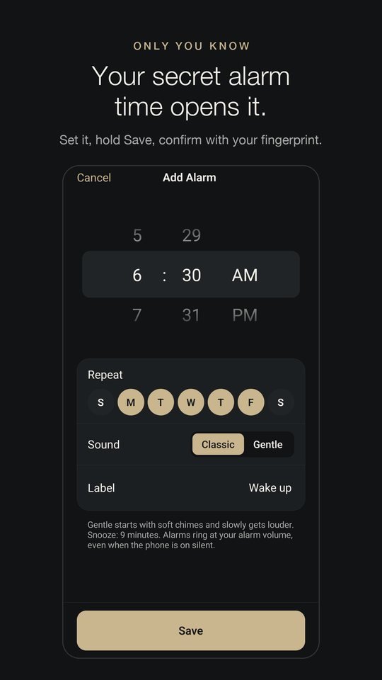Add Alarm screen: your secret alarm time opens it