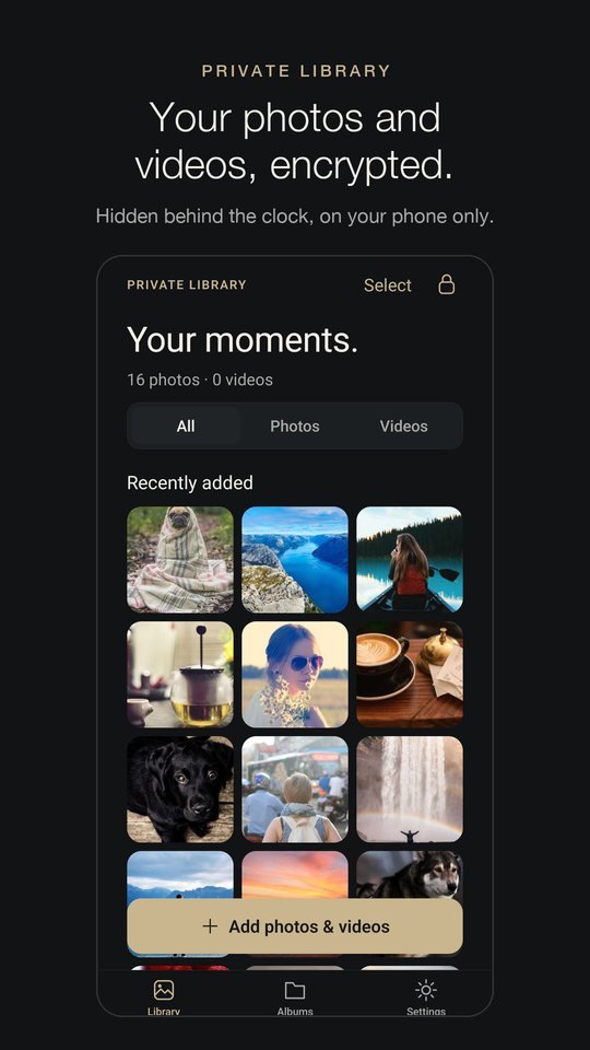 Private library of photos and videos, encrypted on the phone