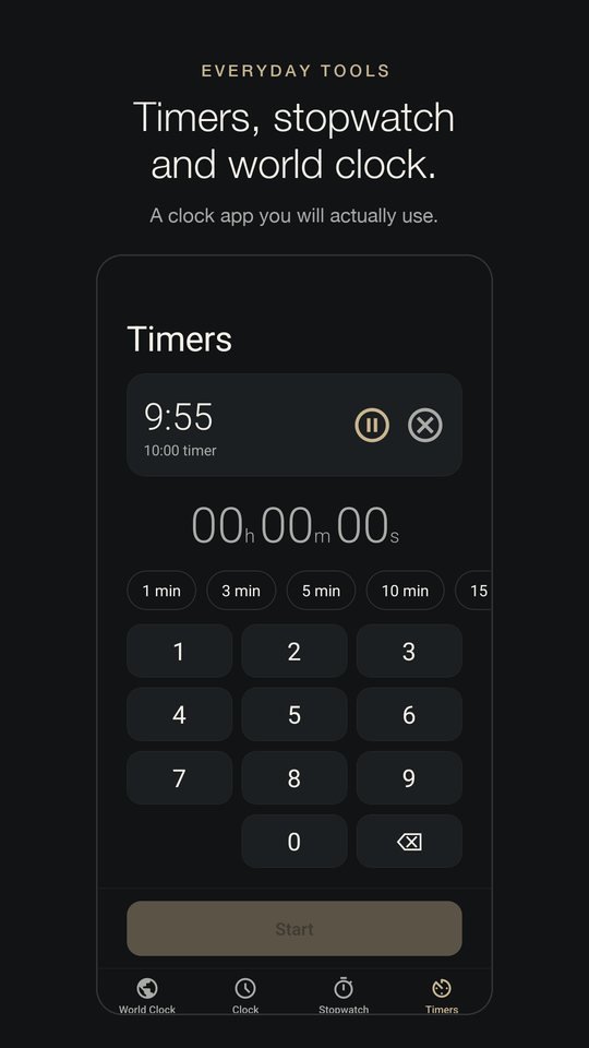 Timers, stopwatch and world clock