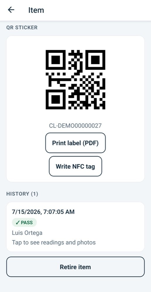 An asset's QR sticker on a phone with buttons to print the label and write an NFC tag, and its inspection history