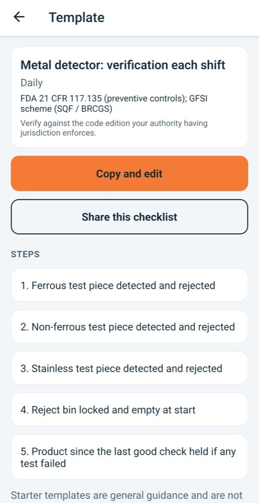 Food-processing checklist for verifying a metal detector each shift, citing FDA 21 CFR 117.135, with Copy and edit and Share this checklist